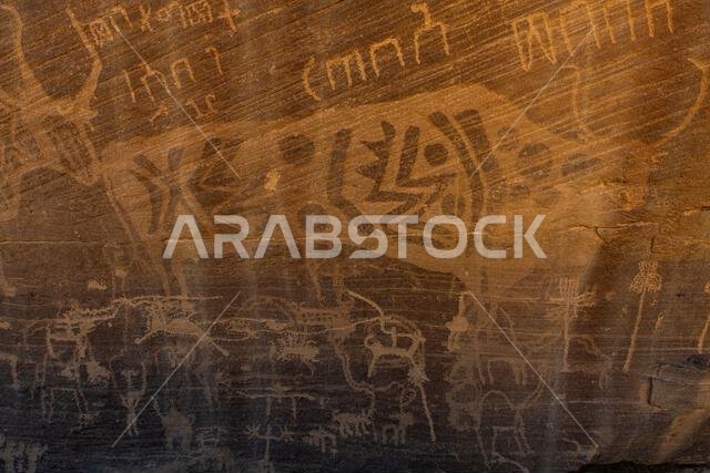 Rock carvings, Bir Hima Rock Petroglyphs and Inscriptions, UNESCO World Heritage Site, Najran, Kingdom of Saudi Arabia, Middle East