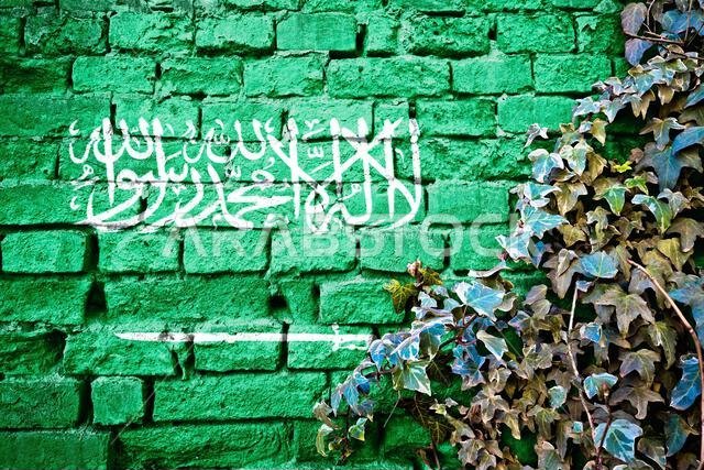 علم المملكة العربية السعودية ذو الطابع القديم على جدار من الطوب مع نبات اللبلاب، مفهوم رمز الدولة