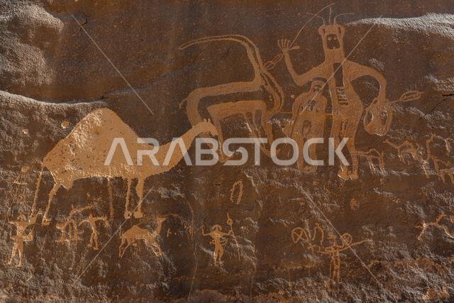 Rock carvings, Bir Hima Rock Petroglyphs and Inscriptions, UNESCO World Heritage Site, Najran, Kingdom of Saudi Arabia, Middle East