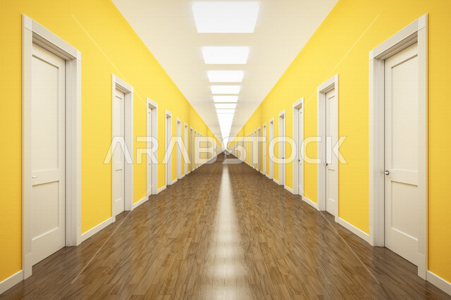 A picture of a group of doors inside a closed hall, a yellow corridor with perspective doors, a yellow wall, white wooden closed doors, creative designs, attractive decorations