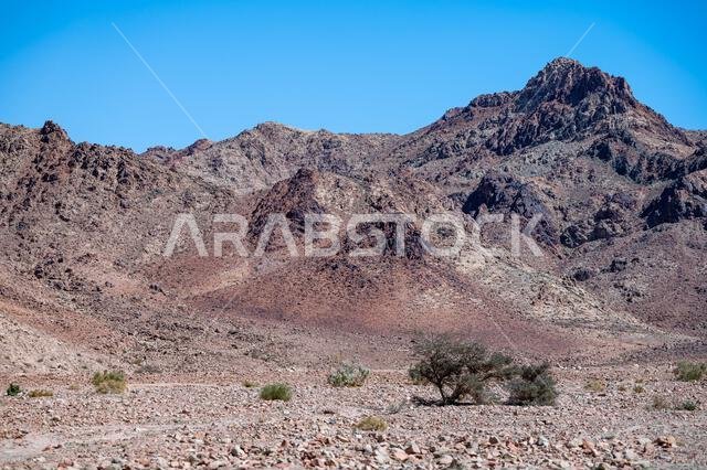 Mountains between the city of Aqaba and the Wadi Rum Protected Area near the Jordan-Saudi border. Tutun, Jordan.