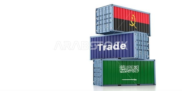 Cargo containers with Saudi Arabia and Angola national flags. 3D Rendering