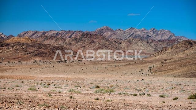 Mountains between the city of Aqaba and the Wadi Rum Protected Area near the Jordan-Saudi border. Tutun, Jordan.