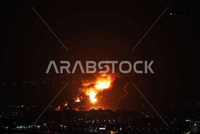 Jeddah, Saudi Arabia. 25th Mar, 2022. Circuit atmosphere - fire following a missile strike on an Aramco oil facility. Saudi Arabian Grand Prix, Friday 25th March 2022. Jeddah, Saudi Arabia. Credit: James Moy/Alamy Live News