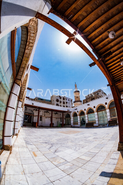 Creative image of a mosque in the historical country of Jeddah in the Kingdom of Saudi Arabia, the historical city of Jeddah, ancient Arab architectural design, worship and getting closer to God, historical landmarks in Jeddah