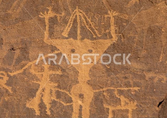 Petroglyphs on a rock depicting Aliya the goddess of fertility, Najran Province, Thar, Saudi Arabia