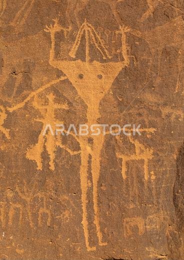 Petroglyphs on a rock depicting Aliya the goddess of fertility, Najran Province, Thar, Saudi Arabia