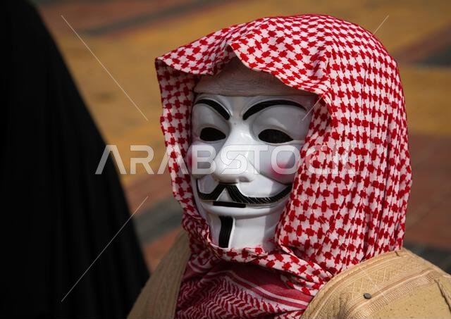 Guy Fawkes mask with a keffiyeh, Riyadh Province, Riyadh, Saudi Arabia