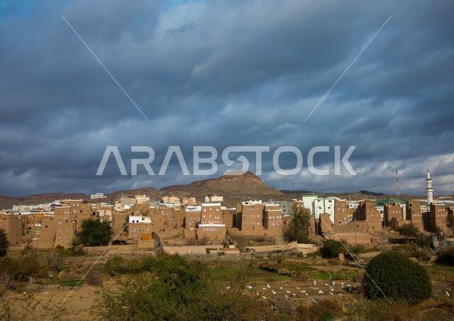 قرية قديمة ذات بيوت طينية تقليدية وحدائق، منطقة عسير، الظهران الجنوب، المملكة العربية السعودية