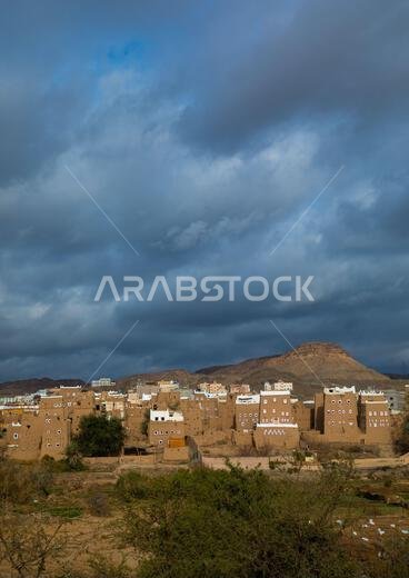 قرية قديمة ذات بيوت طينية تقليدية وحدائق، منطقة عسير، الظهران الجنوب، المملكة العربية السعودية