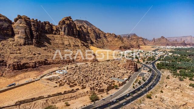 Aerial of the old town of Al Ula, Kingdom of Saudi Arabia, Middle East Aerial of the old town of Al Ula, Kingdom of Saudi Arabia, Middle East