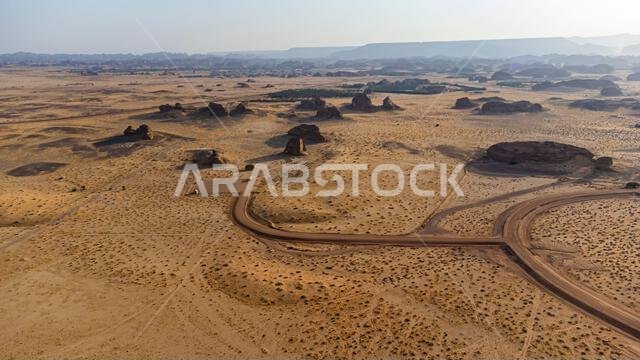 Aerial of the Madain Saleh (Hegra) (Al Hijr), UNESCO World Heritage Site, Al Ula, Kingdom of Saudi Arabia, Middle East