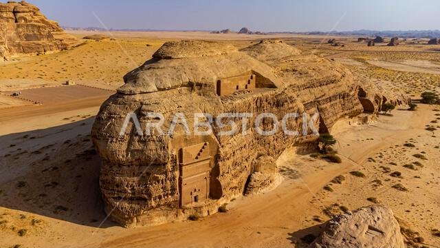 صورة جوية للمقابر الصخرية، مدائن صالح (الحجر)، موقع تراث عالمي لليونسكو، العلا، المملكة العربية السعودية، الشرق الأوسط