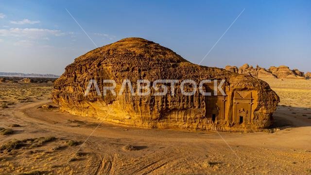 Aerial of the rock tombs, Madain Saleh (Hegra) (Al Hijr), UNESCO World Heritage Site, Al Ula, Kingdom of Saudi Arabia, Middle East