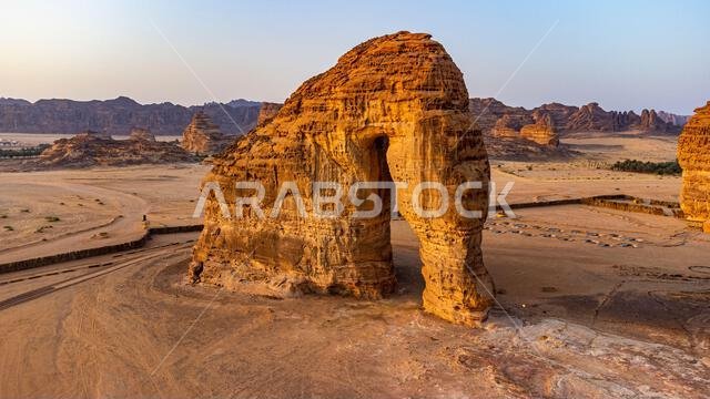Aerial of the Elephant Rock, Al Ula, Kingdom of Saudi Arabia, Middle East