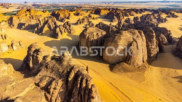 Aerial of a sandstone canyon, Al Ula, Kingdom of Saudi Arabia, Middle East