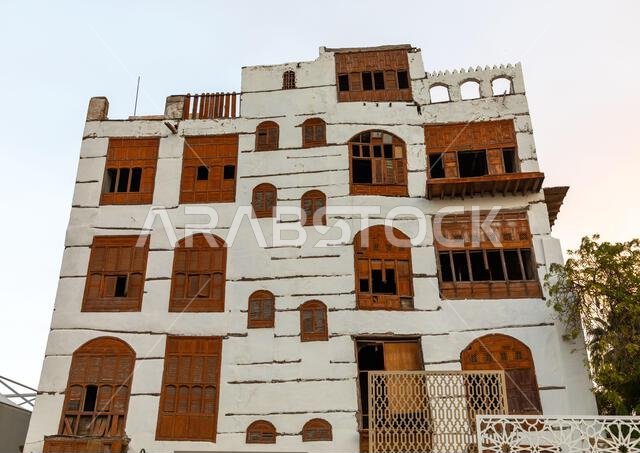 Old house with wooden mashrabiya in al-Balad quarter, Mecca province, Jeddah, Saudi Arabia
