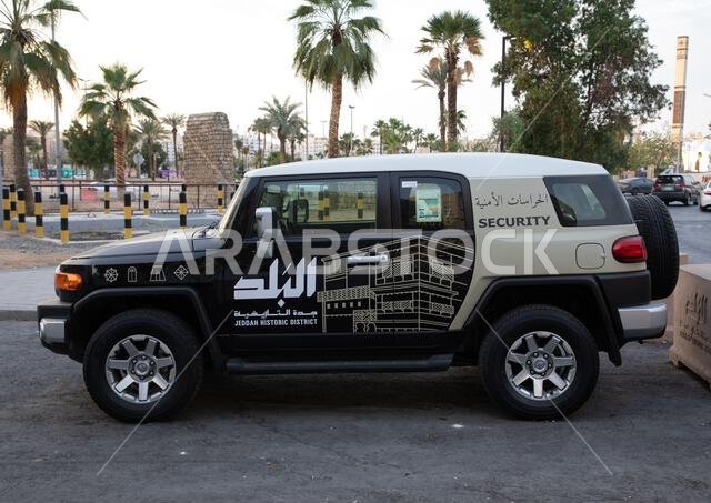 Historic district security car, Mecca province, Jeddah, Saudi Arabia