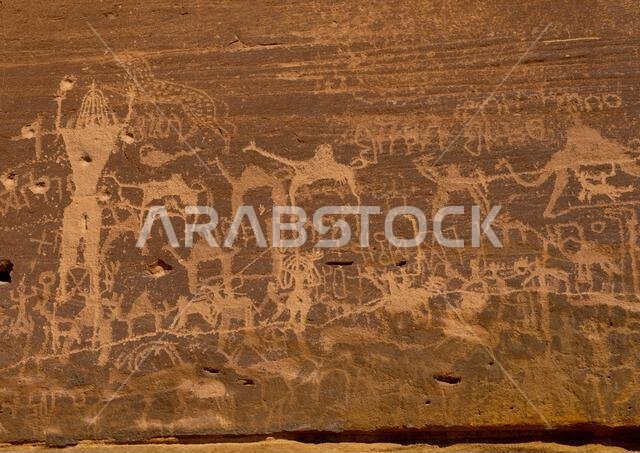 Petroglyphs on a rock depicting Aliya the goddess of fertility, Najran Province, Thar, Saudi Arabia