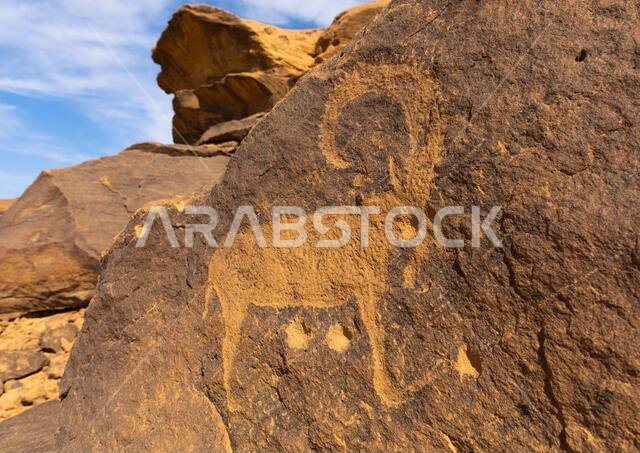 نقوش صخرية على صخرة تصور الوعل، منطقة نجران، ثار، المملكة العربية السعودية