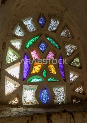 Glass window of a traditional old mud house, Najran Province, Najran, Saudi Arabia