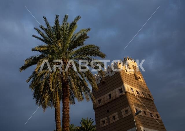 Traditional old mud house with palm trees, Najran Province, Najran, Saudi Arabia