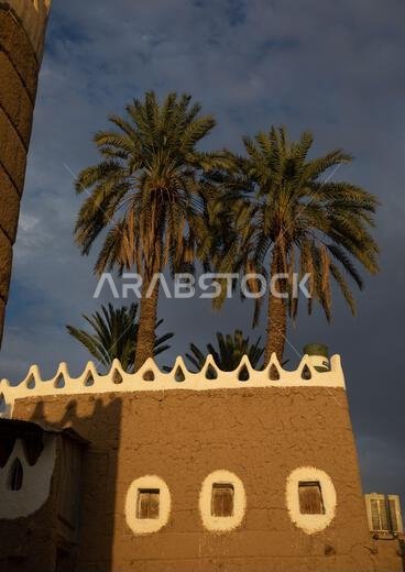 بيت طيني تقليدي قديم محاط بأشجار النخيل، محافظة نجران، نجران، المملكة العربية السعودية