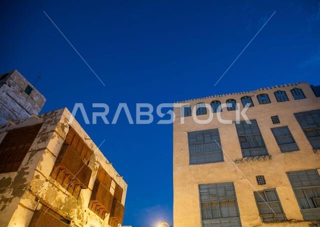 Old houses with wooden mashrabiya in al-Balad quarter, Mecca province, Jeddah, Saudi Arabia