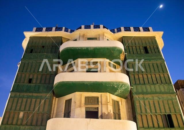 Old house with wooden mashrabiya in al-Balad quarter, Mecca province, Jeddah, Saudi Arabia