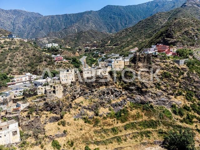 Village on a rock edge, Asir Mountains, Kingdom of Saudi Arabia, Middle East Village on a rock edge, Asir Mountains, Kingdom of Saudi Arabia, Middle East