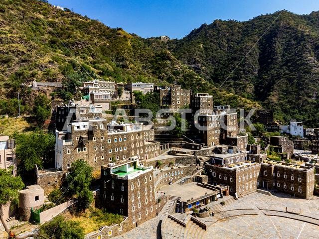 Aerial of Rijal Almaa mountain village, Asir Mountains, Kingdom of Saudi Arabia, Middle East Aerial of Rijal Almaa mountain village, Asir Mountains, Kingdom of Saudi Arabia, Middle East