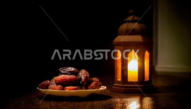 Ramadan concept. Dates close-up in the foreground. Ramadan Lantern on a wooden table.