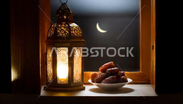 مفهوم رمضان. صورة مقربة للتمور في المقدمة. فانوس رمضاني على طاولة خشبية