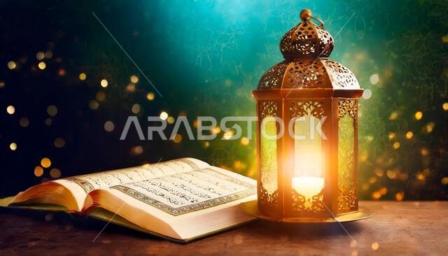 مفهوم رمضان. كتاب القرآن الكريم مفتوح مع فانوس رمضاني على طاولة خشبية. مفهوم رمضان. كتاب القرآن الكريم مفتوح مع فانوس رمضاني على طاولة خشبية.