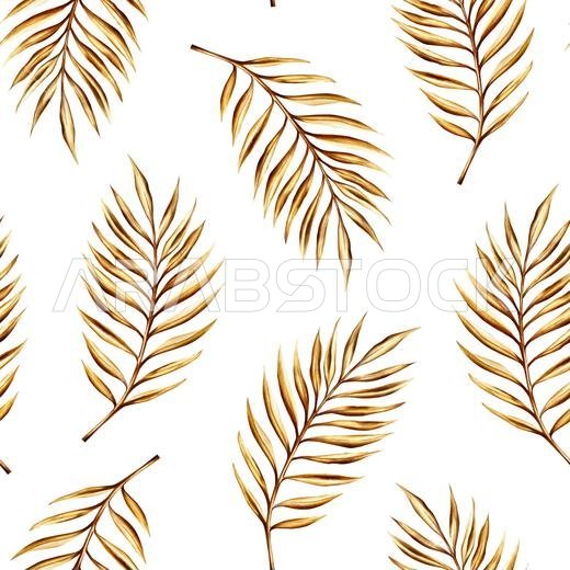 Watercolor seamless pattern with golden date palm branch illustration isolated on white background. Botanical and wedding and Ramadan Kareem or Eid Al