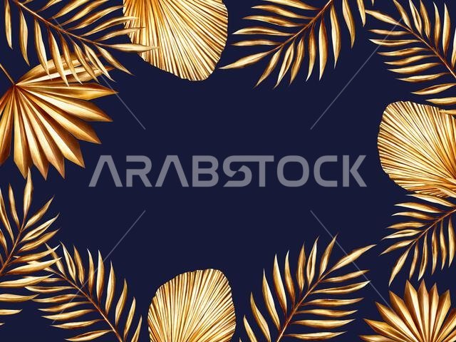 إطار مائي، قالب مع عشب البامباس الذهبي، رسم توضيحي لغصن نخيل التمر معزول على خلفية بيضاء. مناسب للنباتات وحفلات الزفاف ورمضان كار