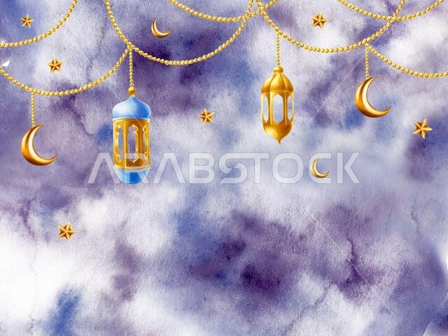 Watercolor Islamic arabian frame with golden crescent moon, stars on a gold chains and lanterns illustration isolated on blue night background. Muslim