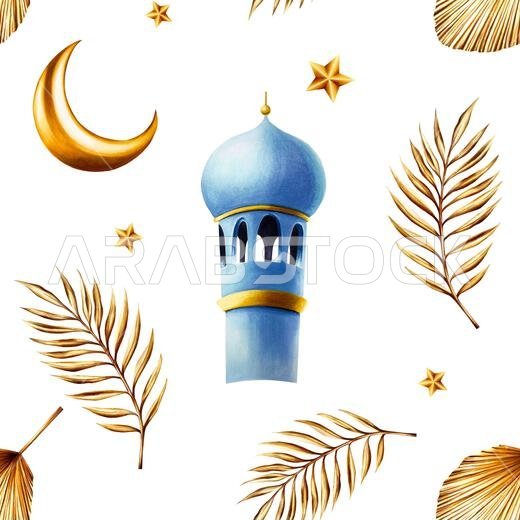 Watercolor seamless pattern with golden pampas grass, date palm branches, minaret, crescent moon, star illustration isolated on background. Botanical