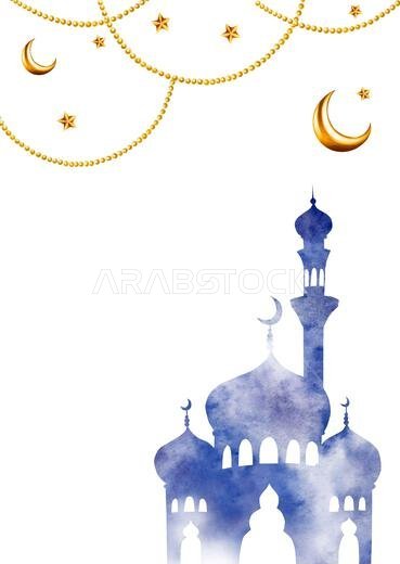 Watercolor Islamic arabian postcard, frame with silhouette of mosque and minaret, golden crescent moon, stars on a gold chains illustration isolated o