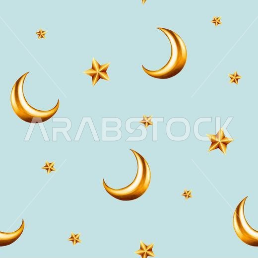 Watercolor seamless pattern with Islamic arabian golden crescent moons and stars on illustration isolated on background. Muslim golden hand drawn holi