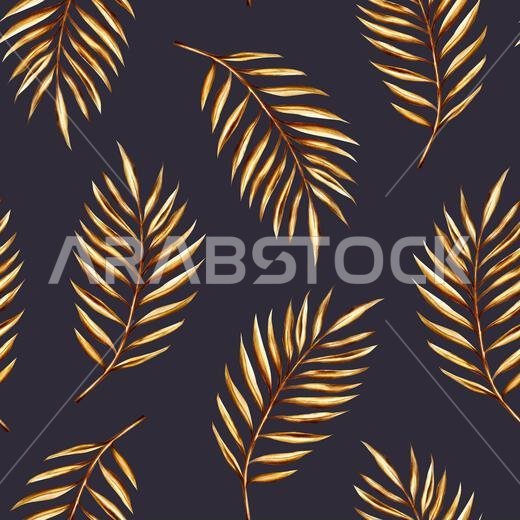 Watercolor seamless pattern with golden date palm branch illustration isolated on white background. Botanical and wedding and Ramadan Kareem or Eid Al