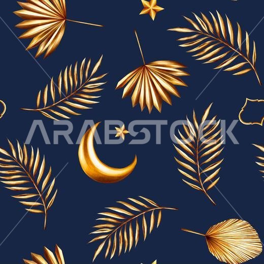 Watercolor seamless pattern with golden pampas grass, date palm branches, crescent moon, star illustration isolated on background. Botanical and weddi