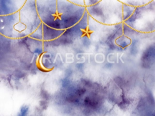 Watercolor Islamic arabian frame with golden crescent moon, stars on a gold chains illustration isolated on blue night background. Muslim hand drawn h