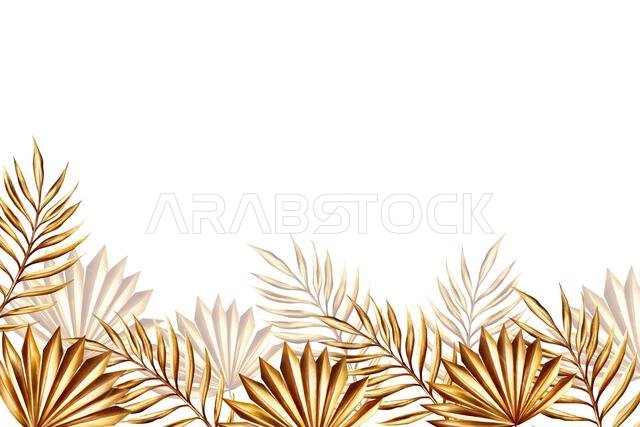 Watercolor banner with golden date palm branch, pampas grass illustration isolated on background. Botanical template, wedding and Ramadan Kareem or Ei