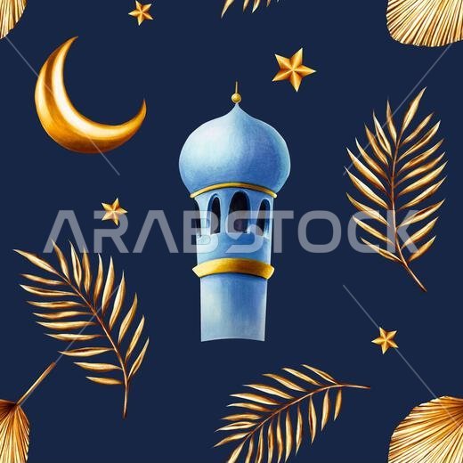 نمط مائي متكرر بسلاسة مع عشب البامباس الذهبي، وأغصان نخيل التمر، ومئذنة، وهلال، ورسم توضيحي لنجمة معزولة على خلفية نباتية.