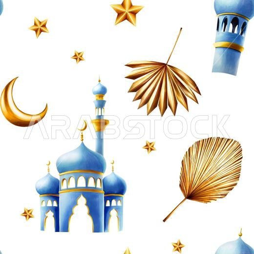 Watercolor seamless pattern with Islamic mosque and minaret, golden pampas grass, date palm branch, moon and stars illustrations isolated on backgroun