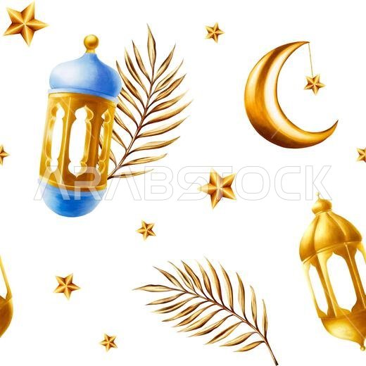 Watercolor seamless pattern with Islamic arabian golden crescent moon, stars on a gold chains, date palm branches and lanterns illustrations isolated