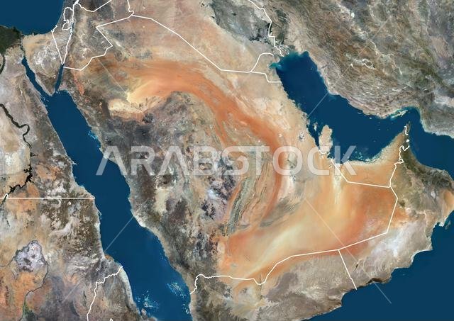 صورة فضائية ملونة للمملكة العربية السعودية والدول المجاورة، مع الحدود.