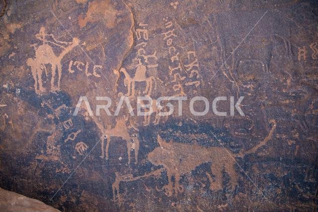 ancient petroclyphs on a cave wall in Saudi Arabia