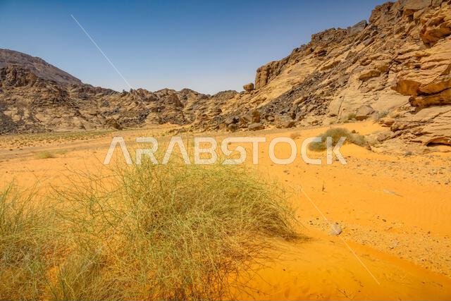منظر طبيعي في جبل أم سنمان، جبة، المملكة العربية السعودية، في منطقة حائل، موقع فنون صخرية مدرج ضمن قائمة اليونسكو للتراث العالمي